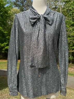 Silver Metallic Bow Tie Blouse